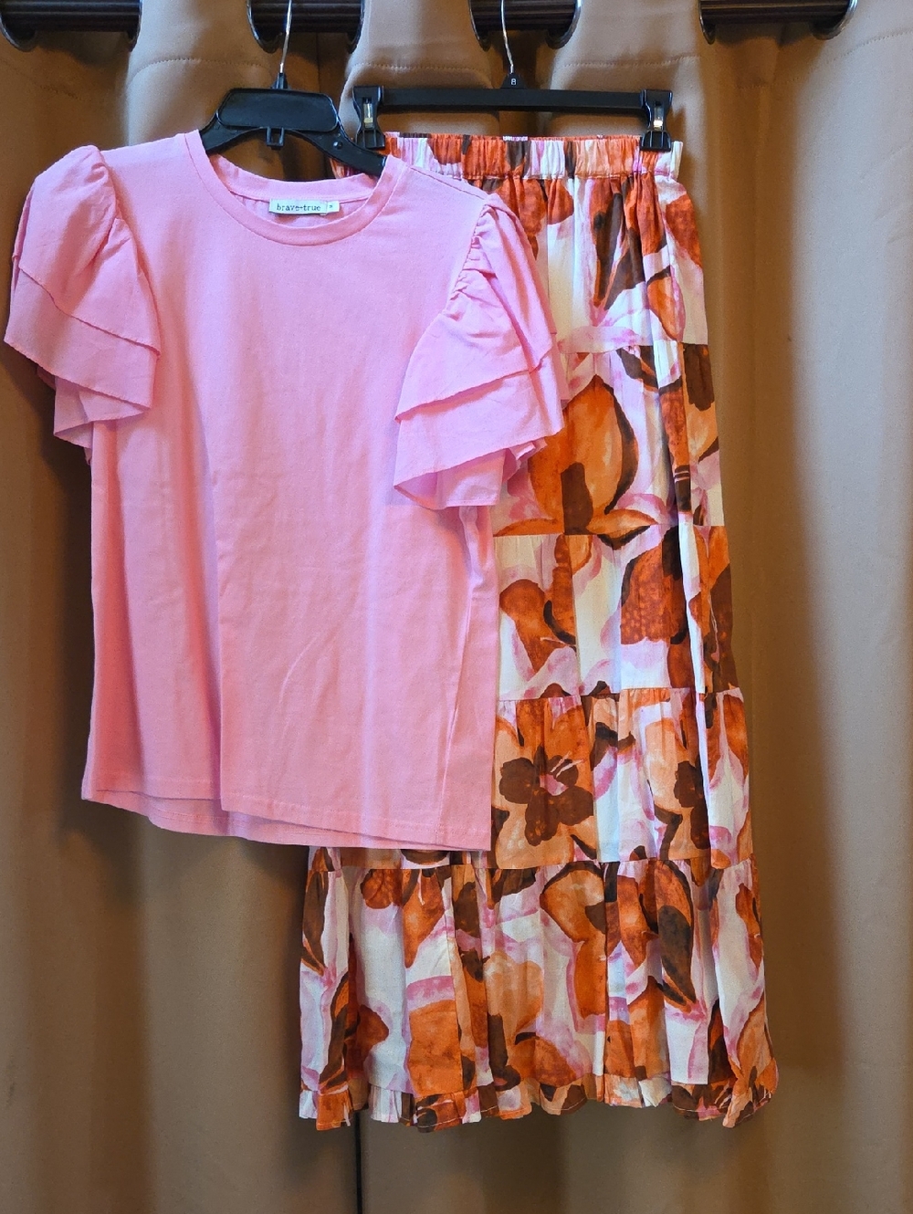 Pink Ruffle Sleeve Top and Floral Midi Skirt Set